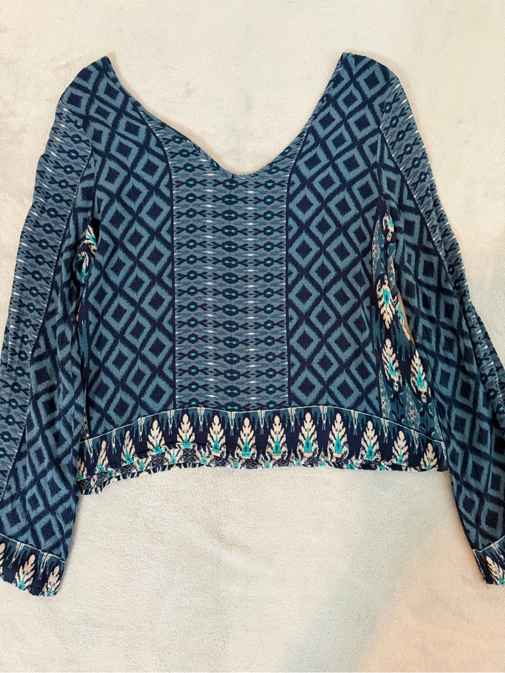 Navy and Teal Patterned V-Neck Boho Blouse